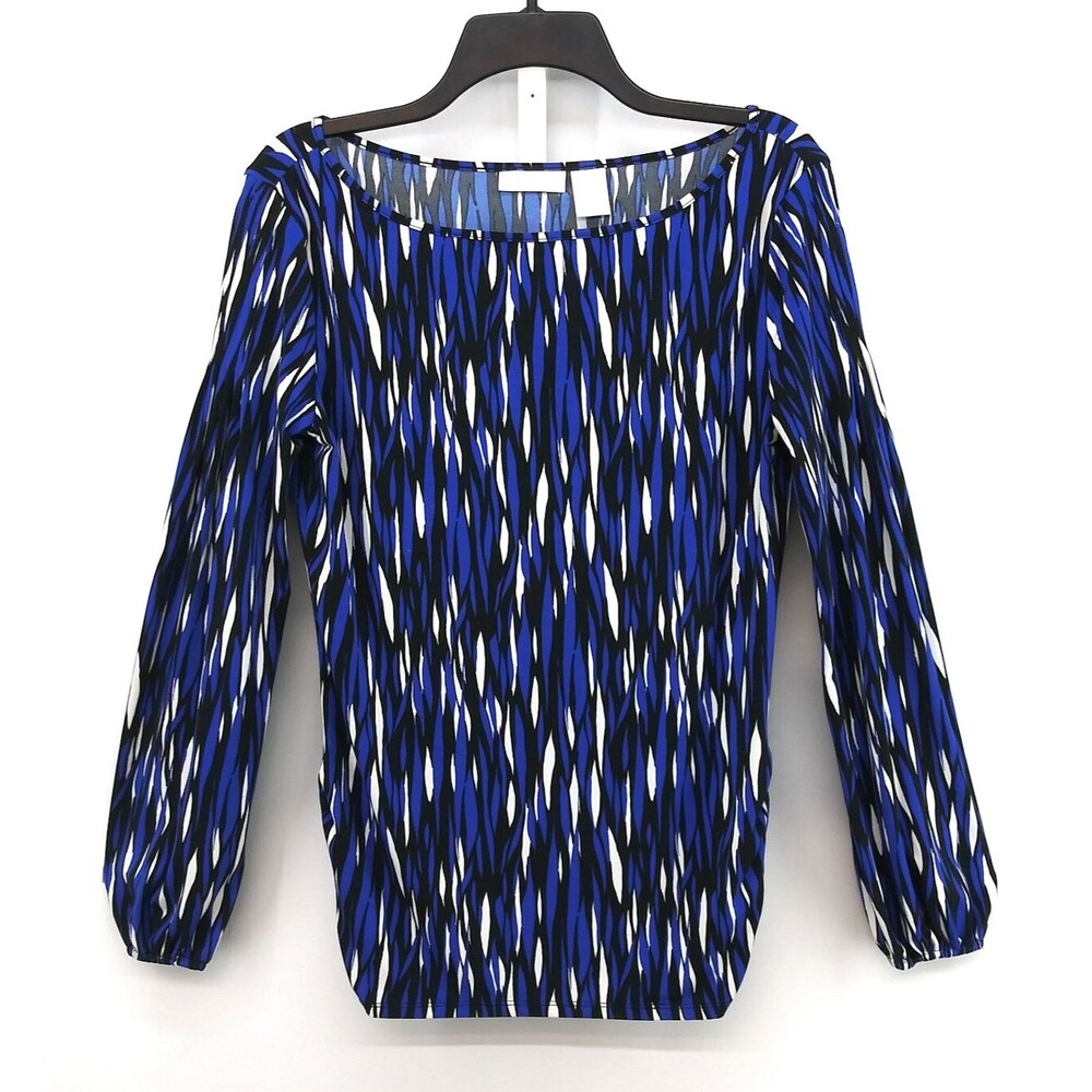 Worthington Blouse Women Size M Blue Abstract Long Sleeve Boat Neck Casual Top